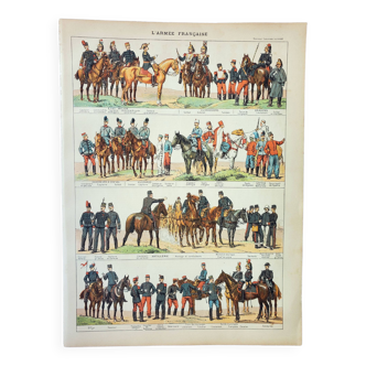 Gravure ancienne 1898, Uniformes armées françaises (cavalerie) • Lithographie originale et vintage