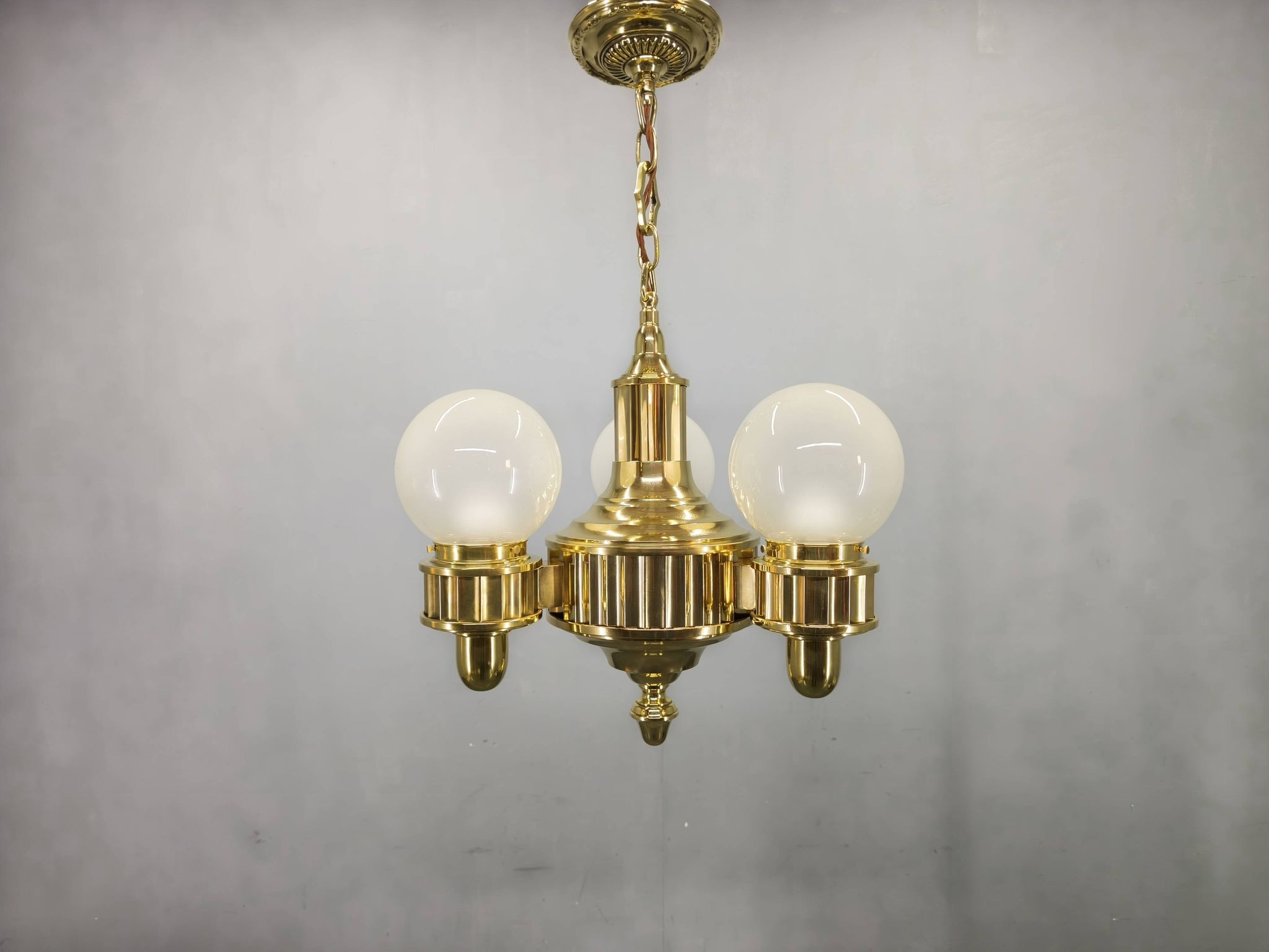 Art Deco Brass and Opaline Glass Chandelier, Czechoslovakia
