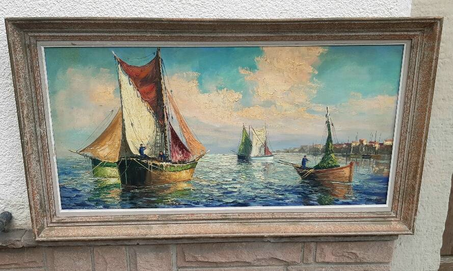 Large oil on canvas "Mediterranean Sea" signed Louis Audrey