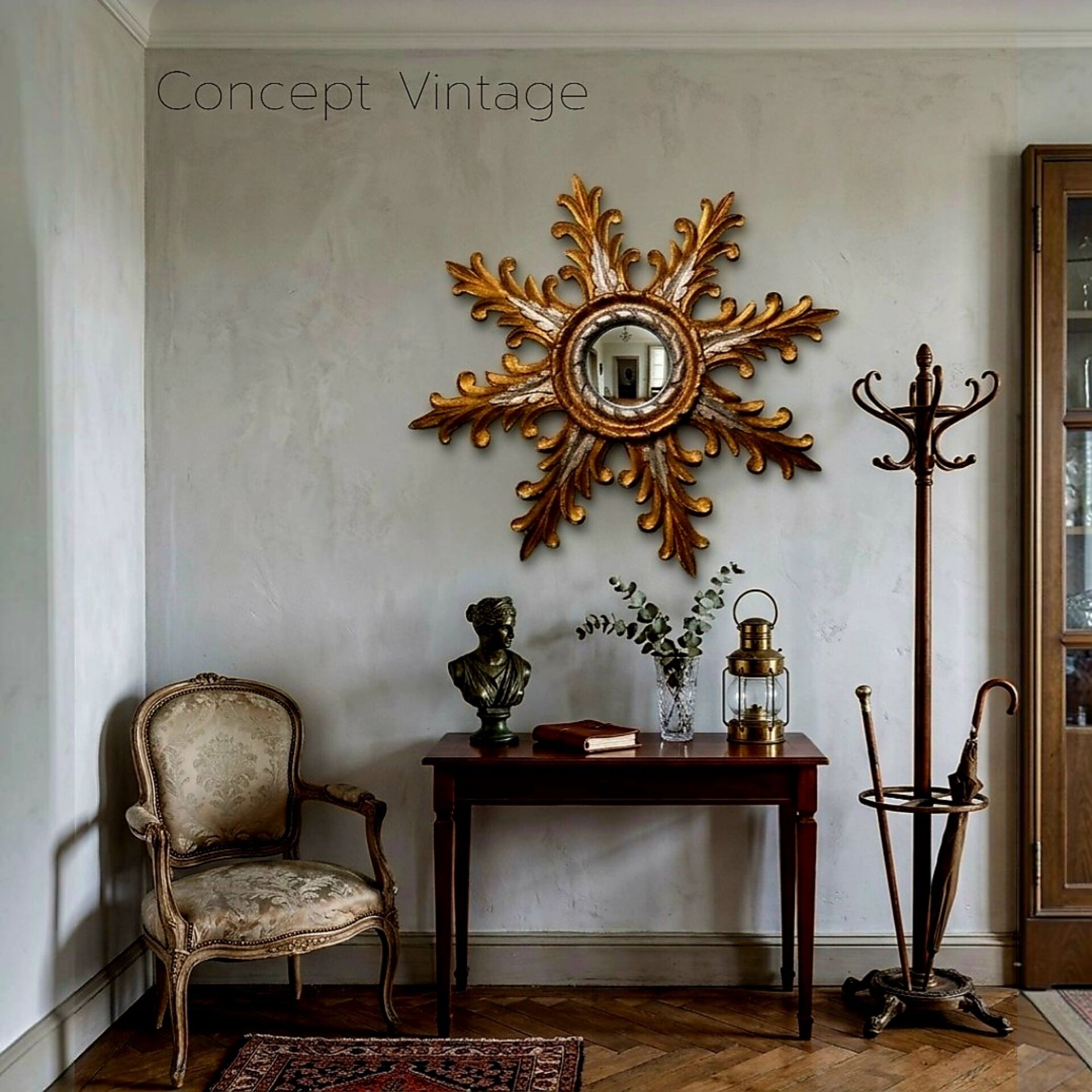 Golden wooden witch mirror "Sun" with acanthus leaf decoration.