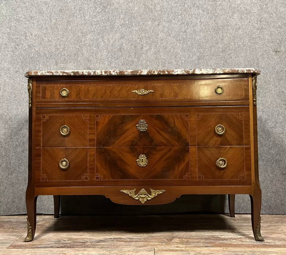 Louis XV transition chest of drawers in precious wood marquetry circa 1900