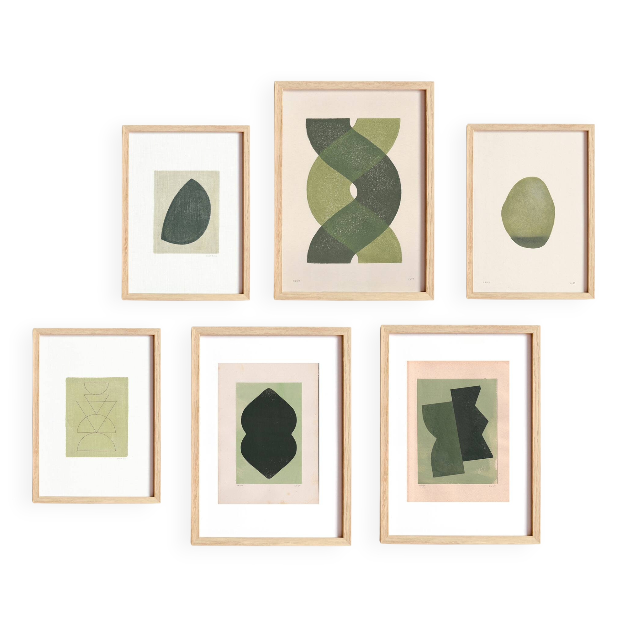 Collection of 6 abstract paintings on sage green paper, signed Eawy