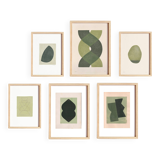 Collection of 6 abstract paintings on sage green paper, signed Eawy