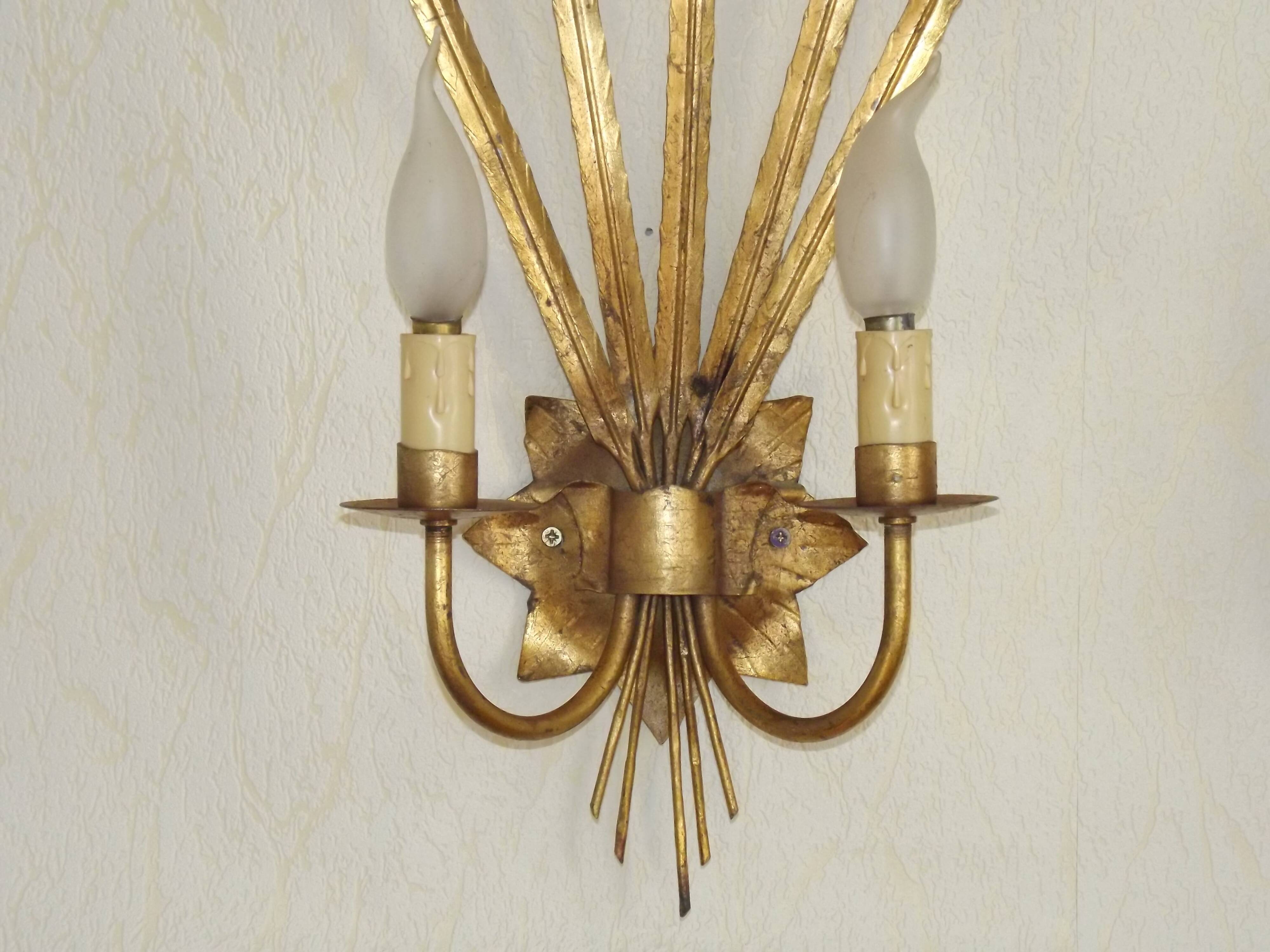 Matching Pair Large 'Ferro Art' Spain, 1950s Reed Leaf Double Wall Lights 5