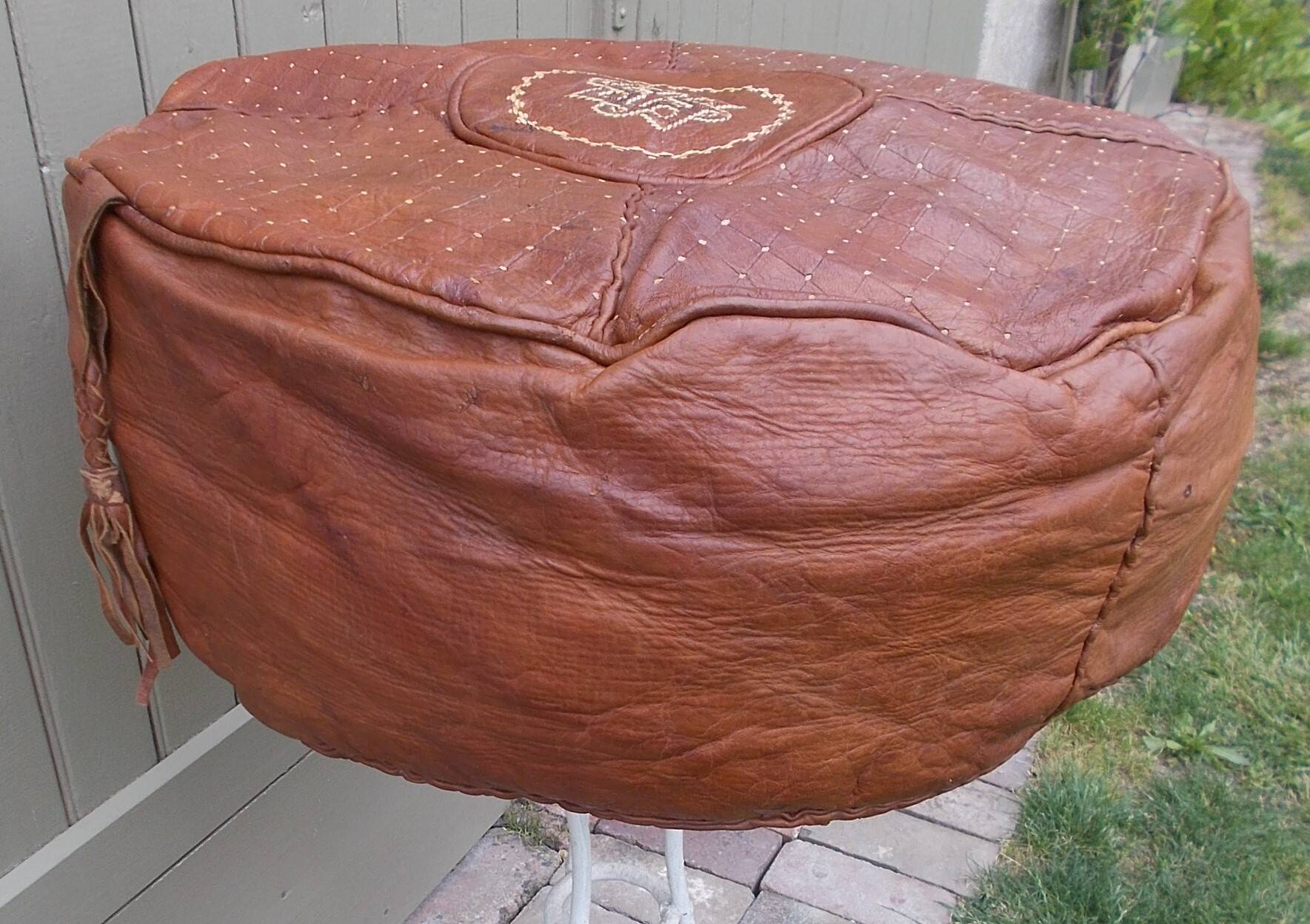 large vintage Moroccan leather pouf