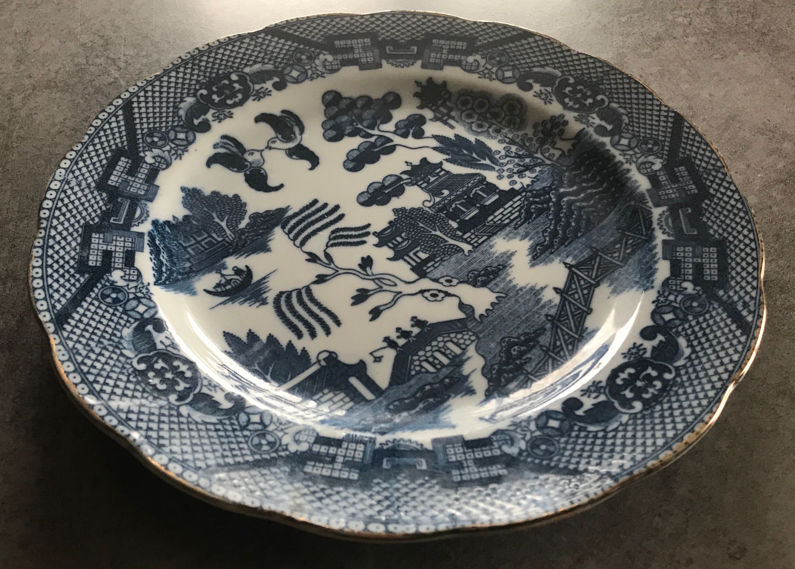 Old earthenware plate with decoration of landscape of asia 19.5 cm
