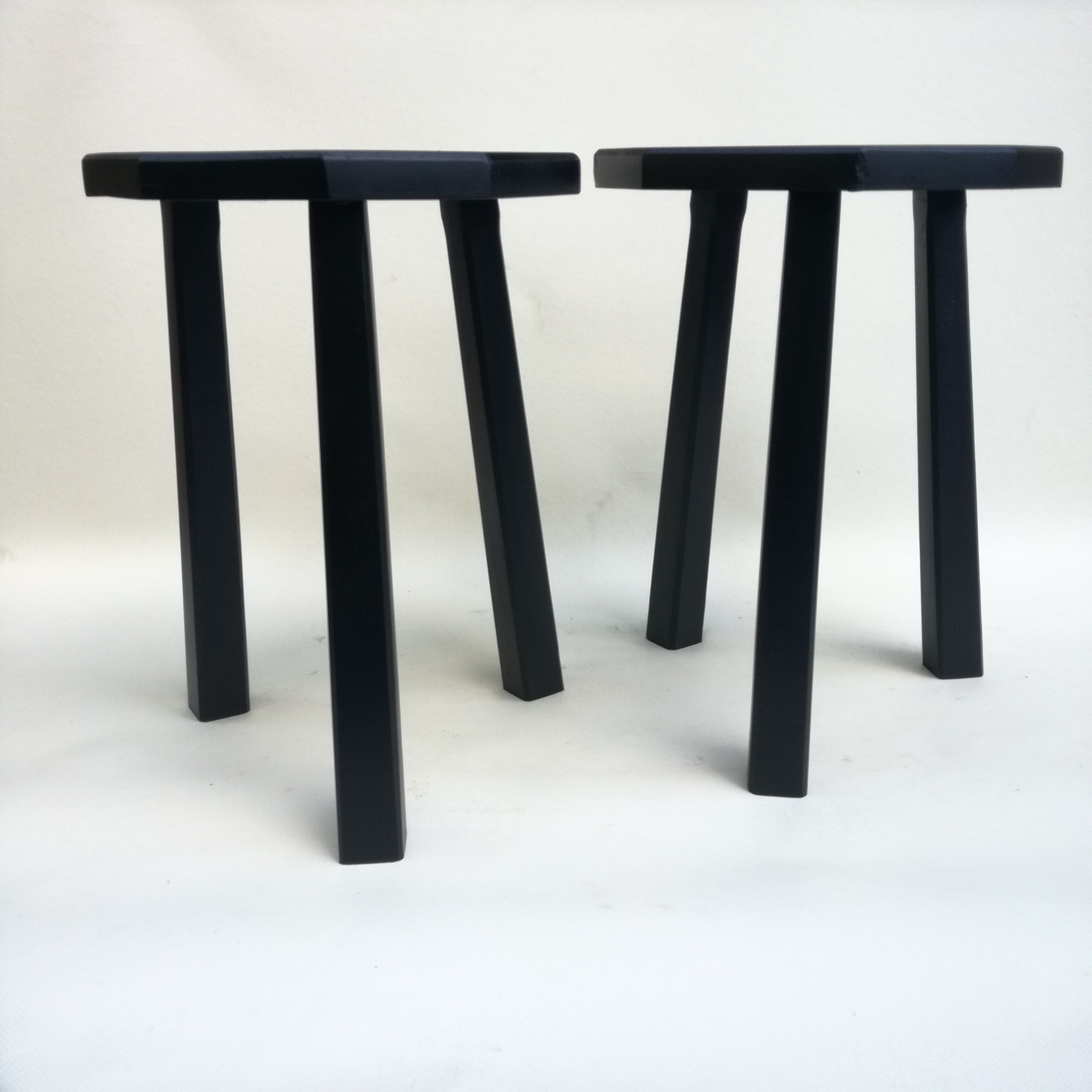 Black brutalist wooden stools, set of 2