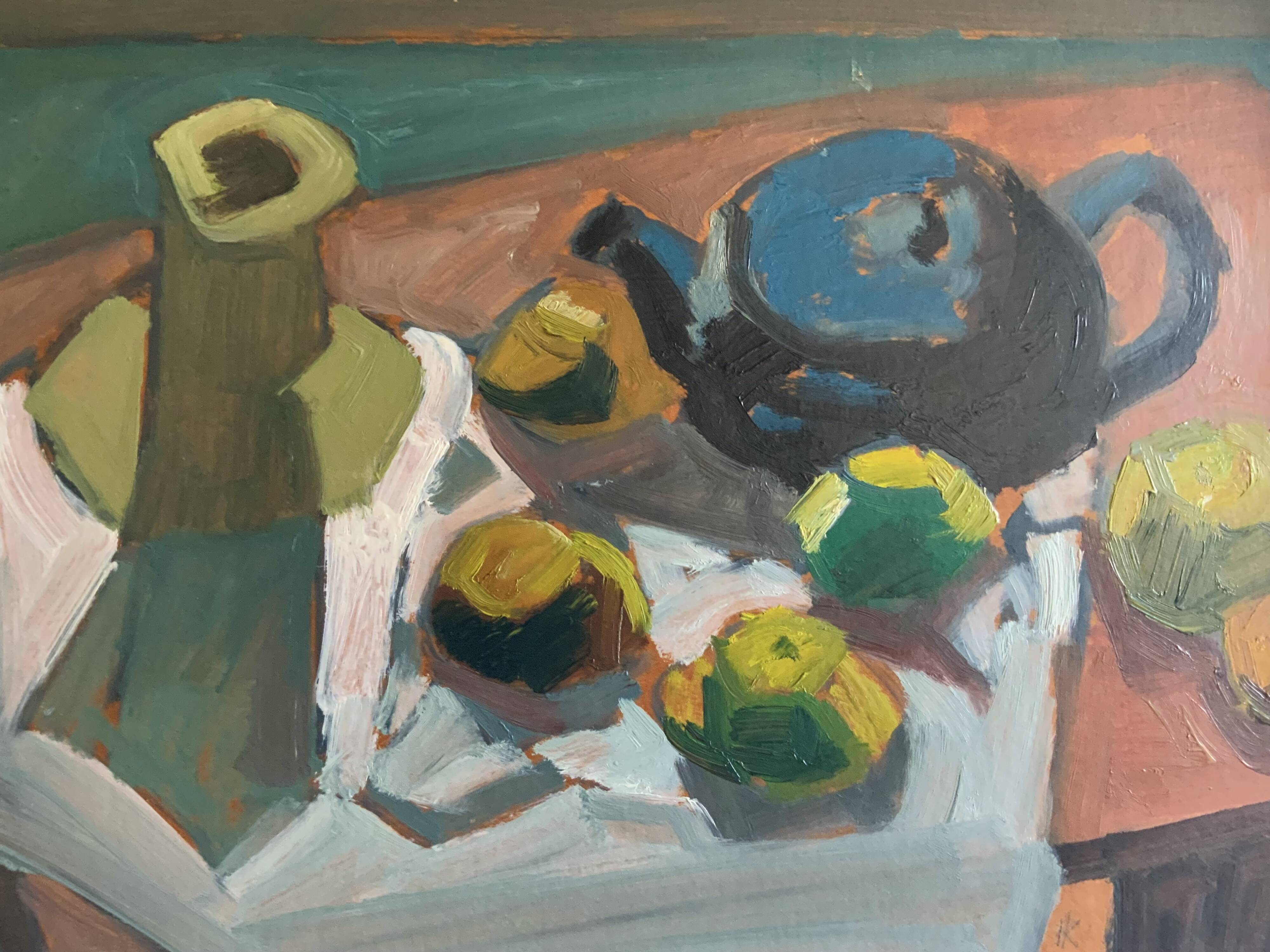 Original Modernist artwork still life with fruits and blue teapot 1950s