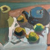 Oeuvre moderniste originale nature morte avec des fruits et une théière bleue des années 1950