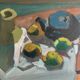 Original Modernist artwork still life with fruits and blue teapot 1950s