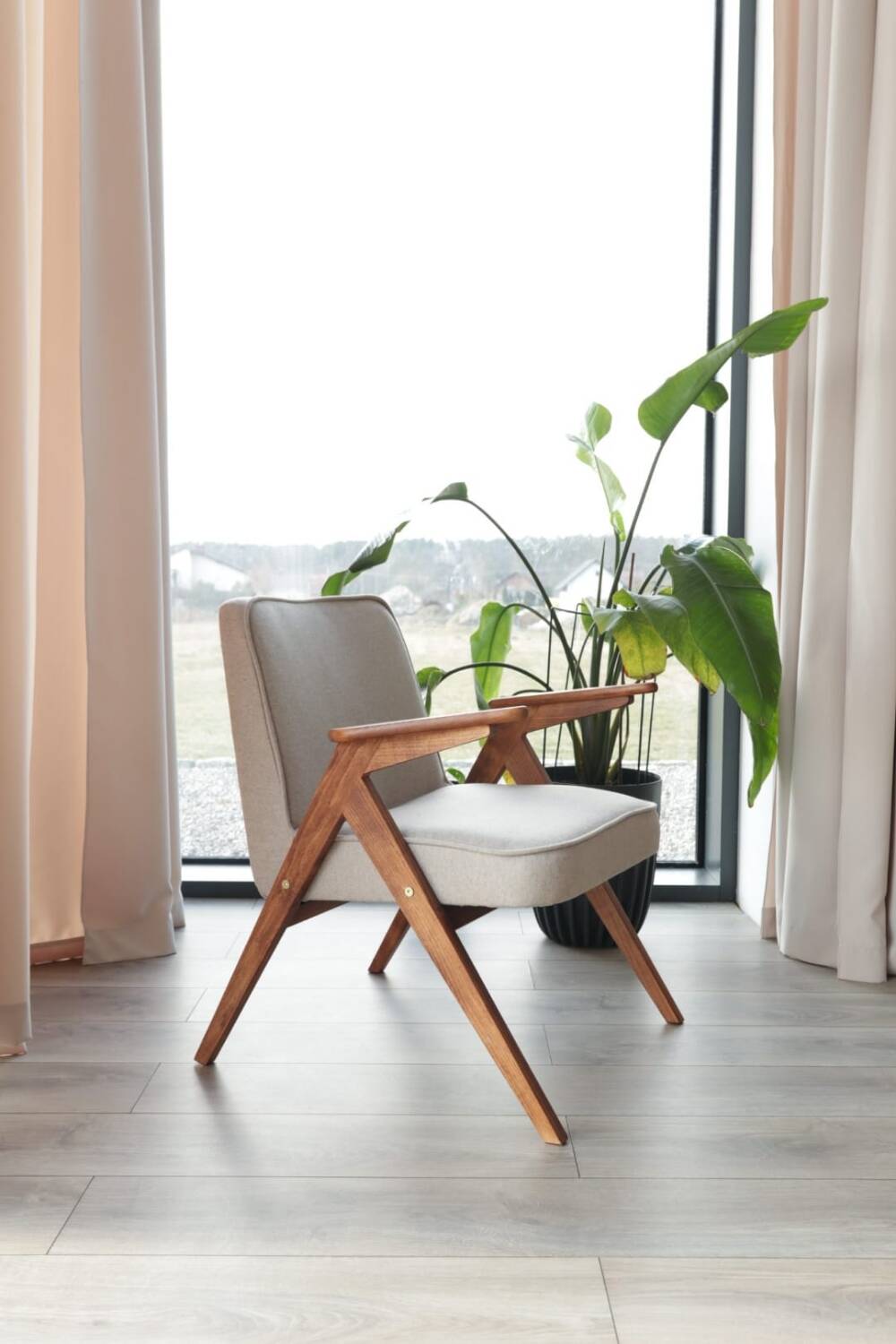 Vintage Lounge Chair Beige Wool Upholstery