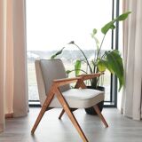 Vintage Lounge Chair Beige Wool Upholstery