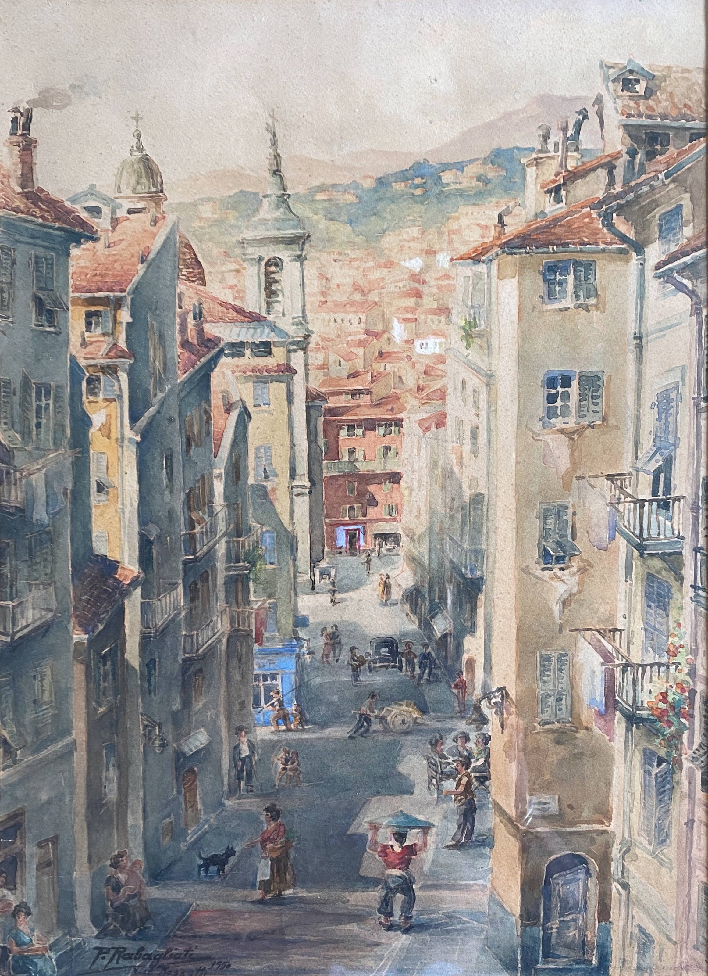 Watercolor painting p. rabagliati rue rossetti old nice 1950 + frame