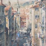 Watercolor painting p. rabagliati rue rossetti old nice 1950 + frame