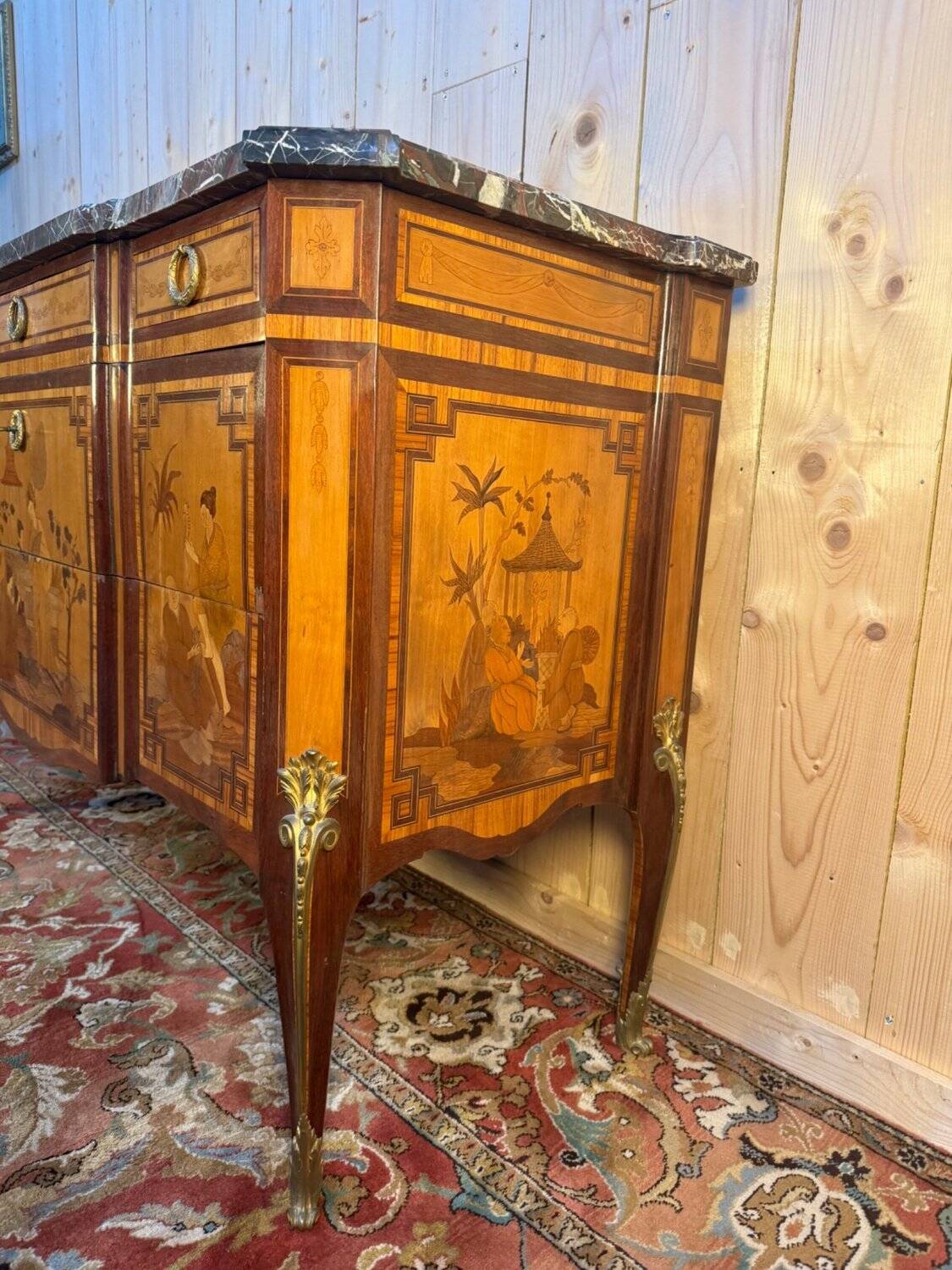 Commode Transition oriental marquetry, 1920s, black marble