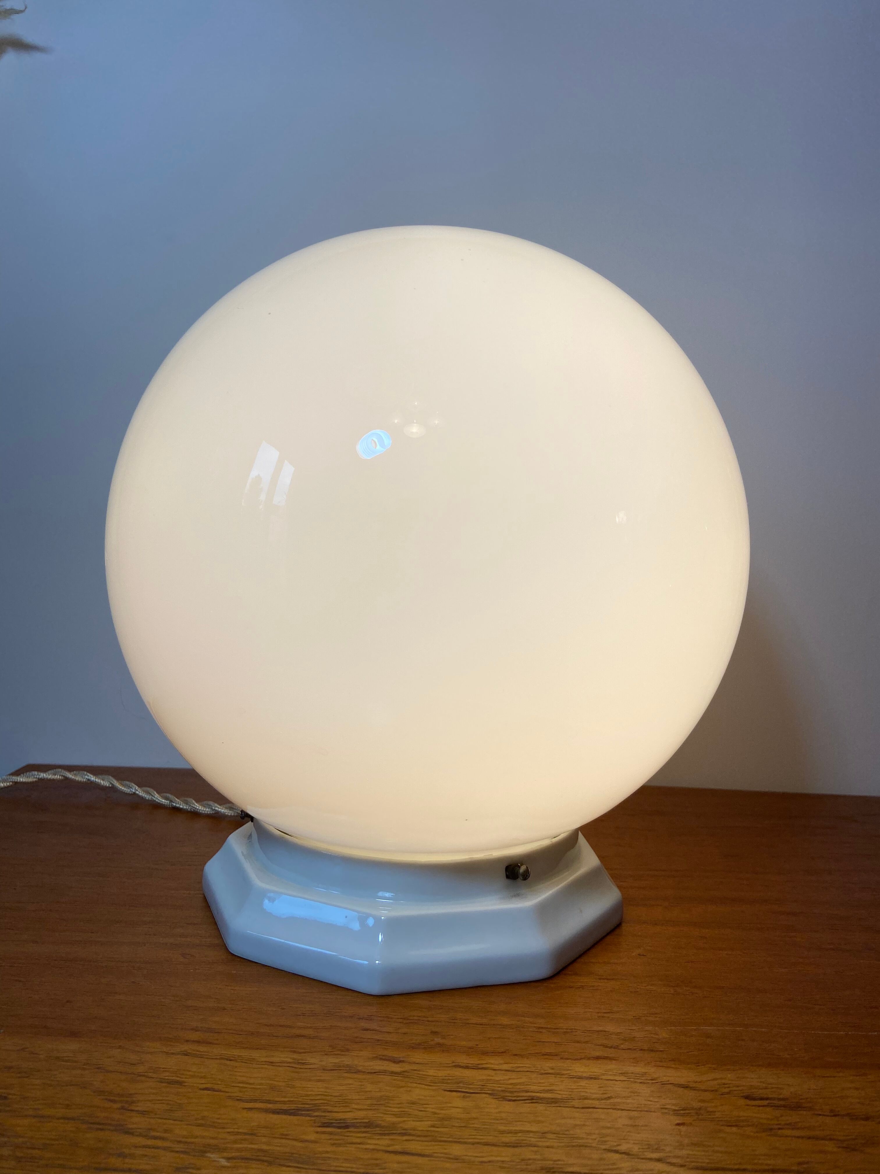Vintage table lamp opaline ball and earthenware base
