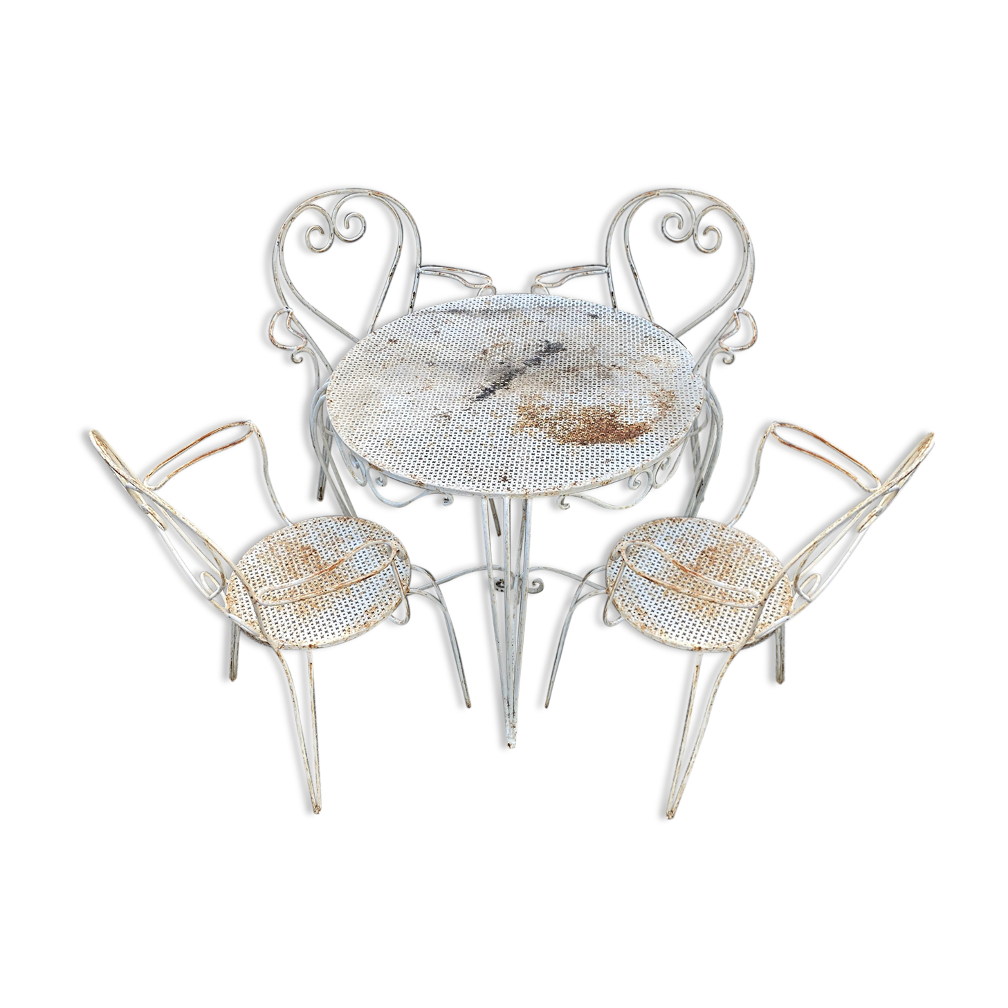 Table de jardin et 4 chaises en fer blanc
