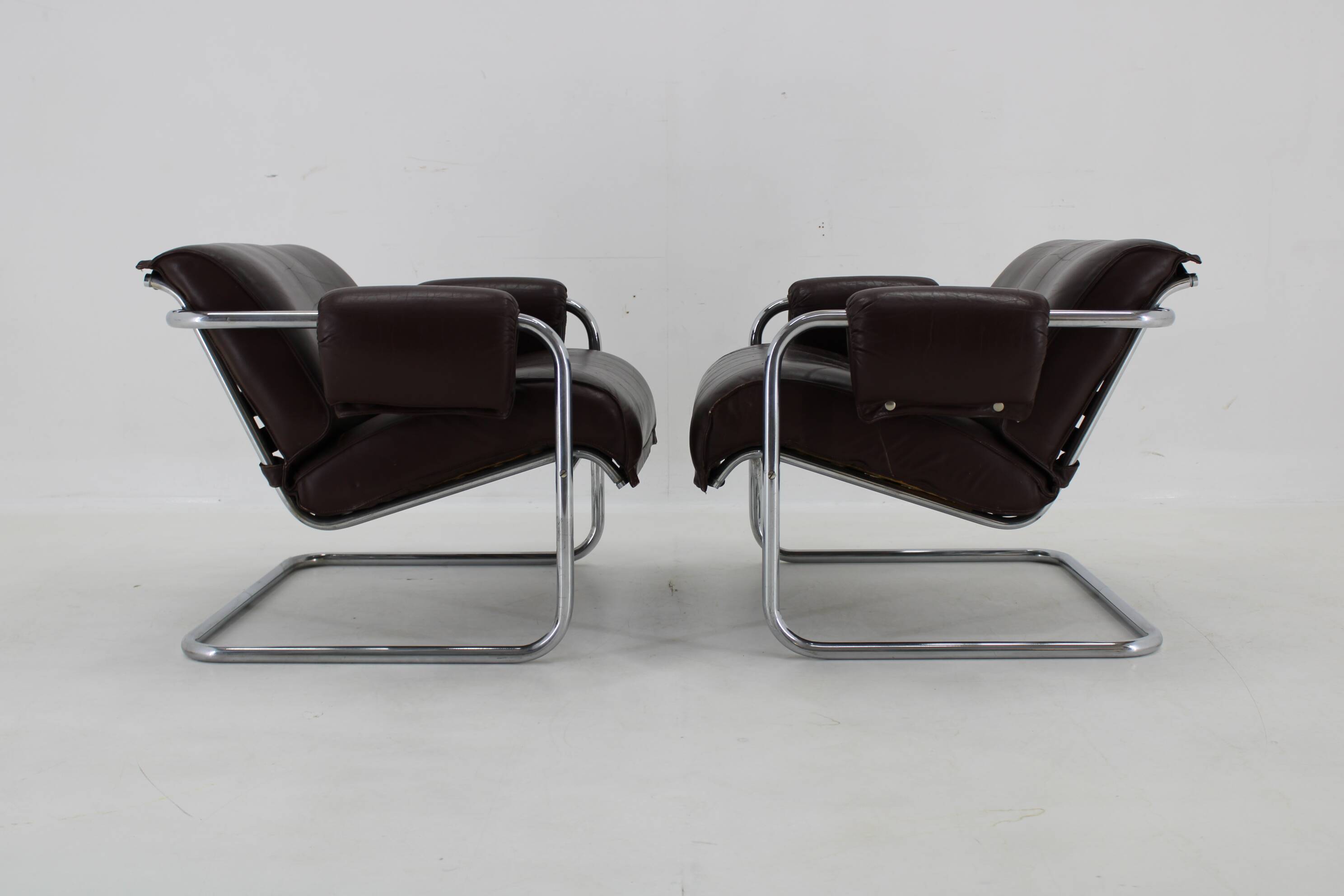 1950s Pair of Tubular Armchairs in Leather, Czechoslovakia
