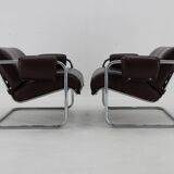 1950s Pair of Tubular Armchairs in Leather, Czechoslovakia