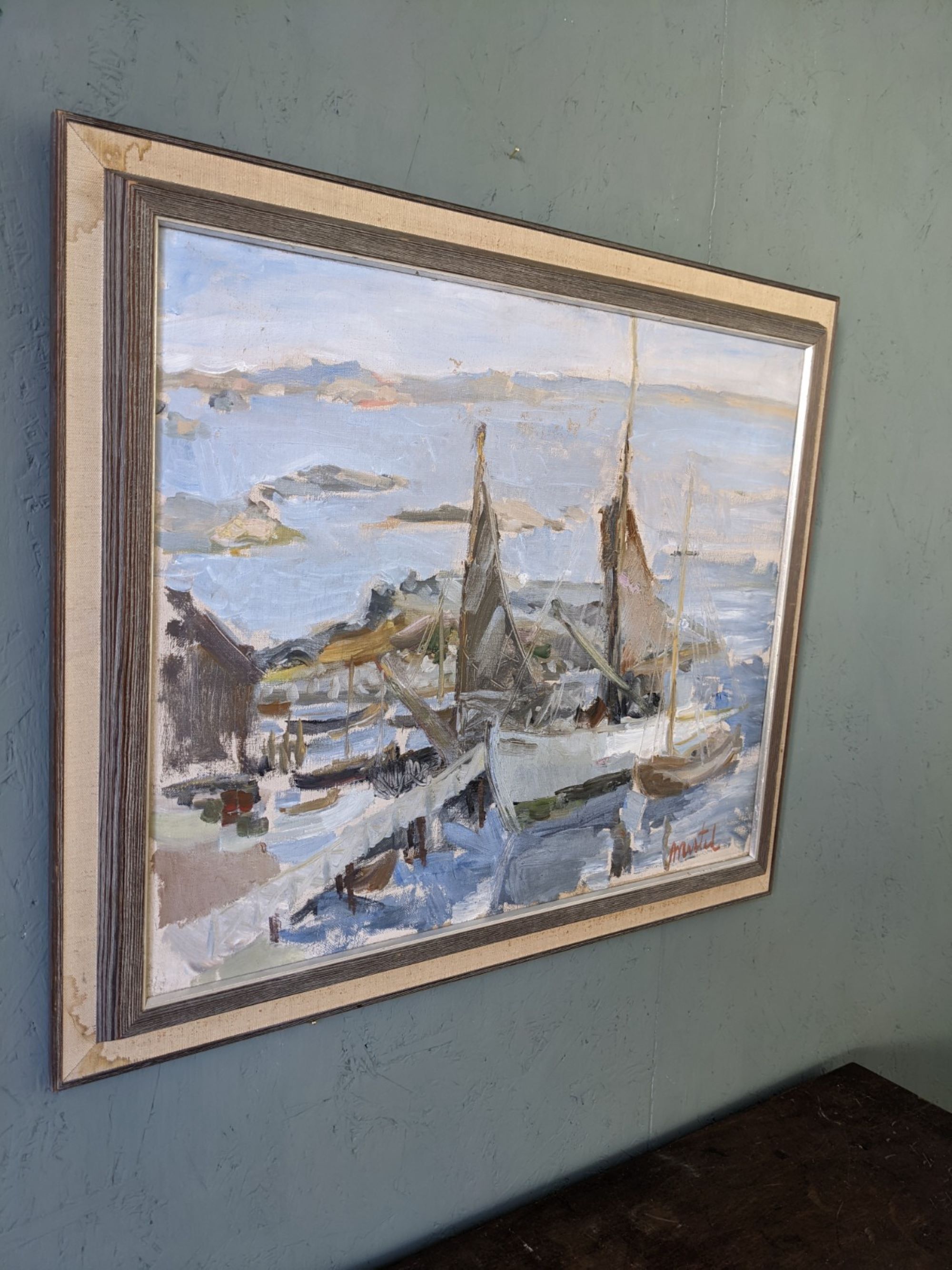 Mid-century modern swedish "archipelago boats" vintage seascape, framed oil painting