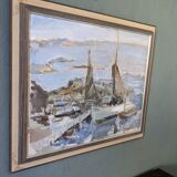 Mid-century modern swedish "archipelago boats" vintage seascape, framed oil painting