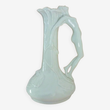 Erotic enameled ceramic pitcher vase, art nouveau, signature to identify