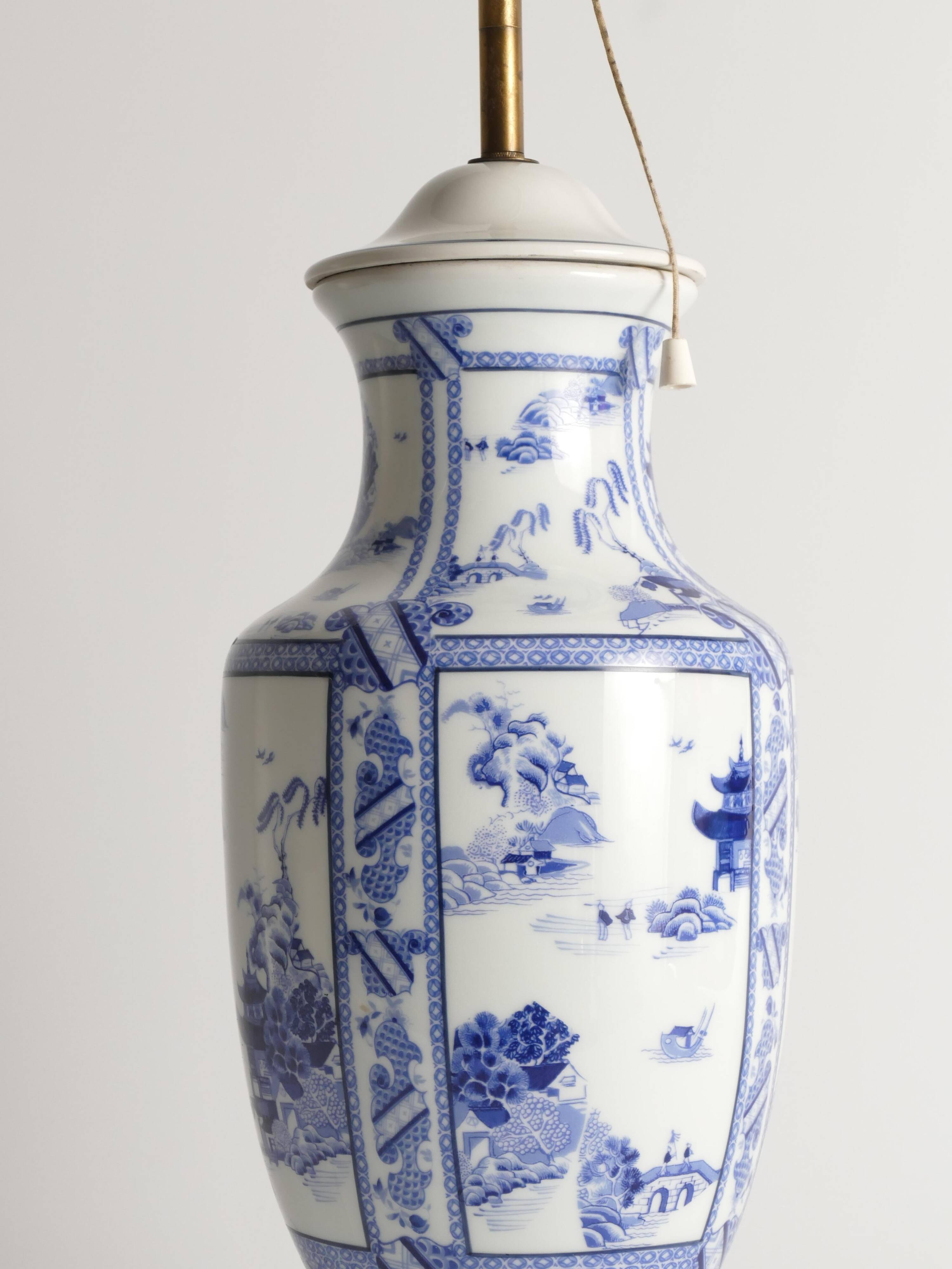 French Blue & White Willow Porcelain Table Lamp, by Louis Drimmer, Limoges