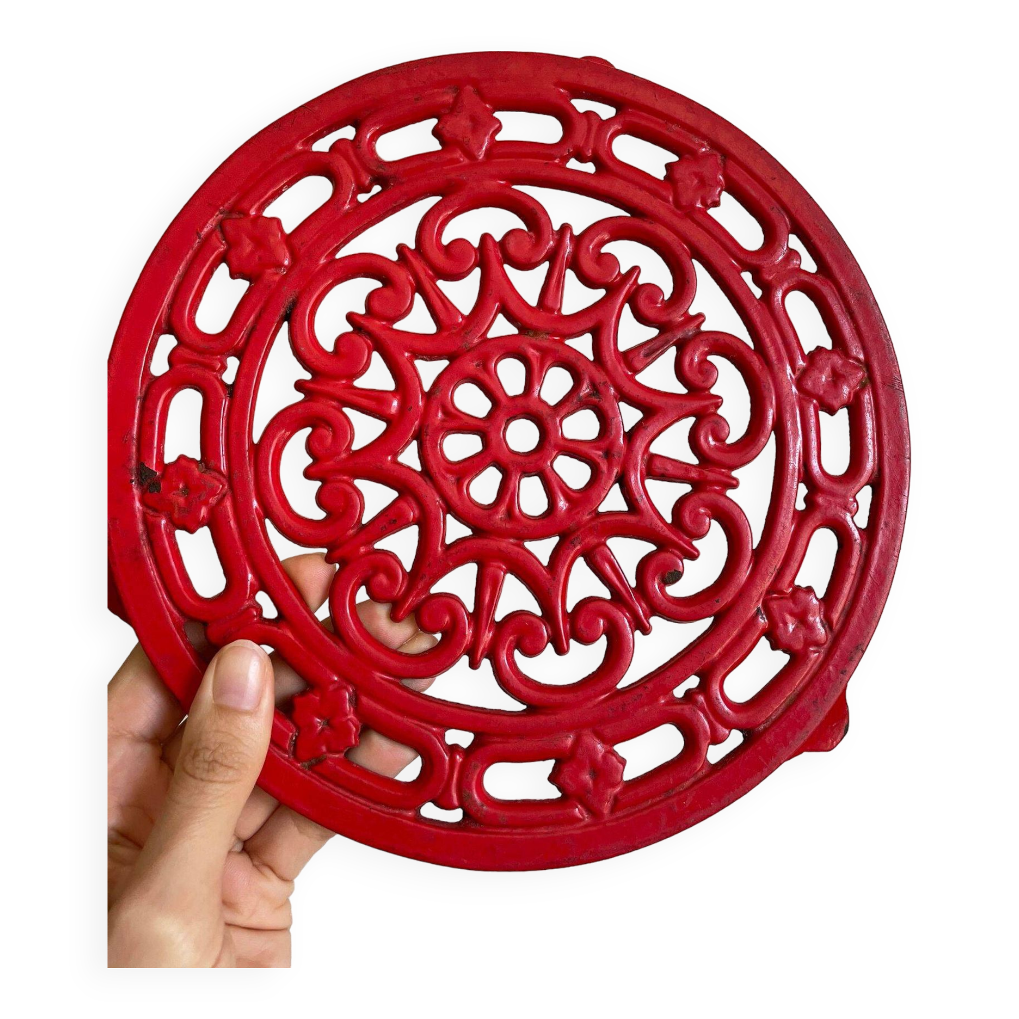 Vintage red Decotec enameled cast iron trivet