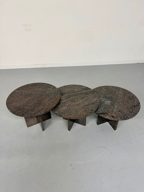 Table basse gigogne 3 éléments rond en granit design années 70 vintage