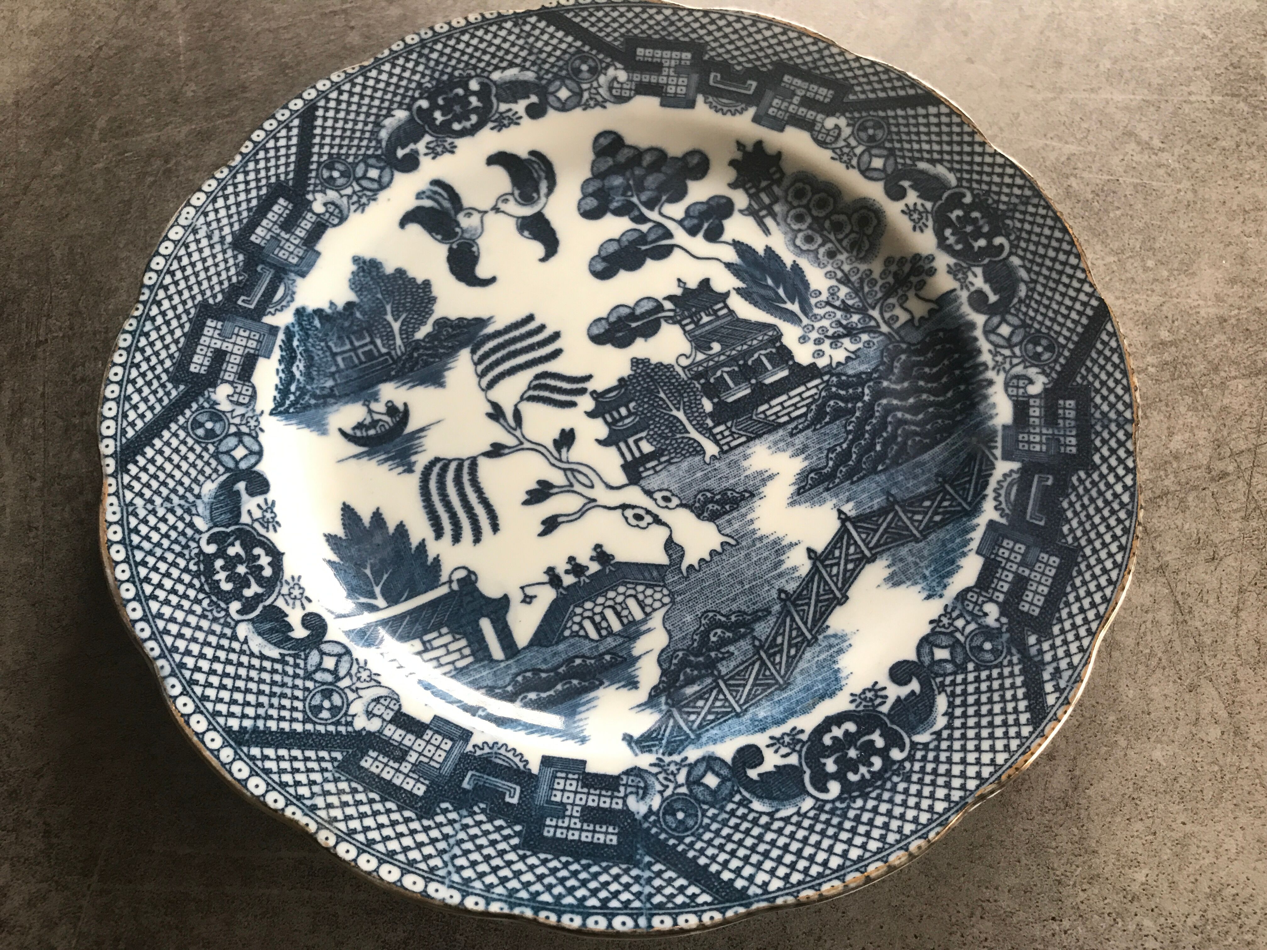 Old earthenware plate with decoration of landscape of asia 19.5 cm