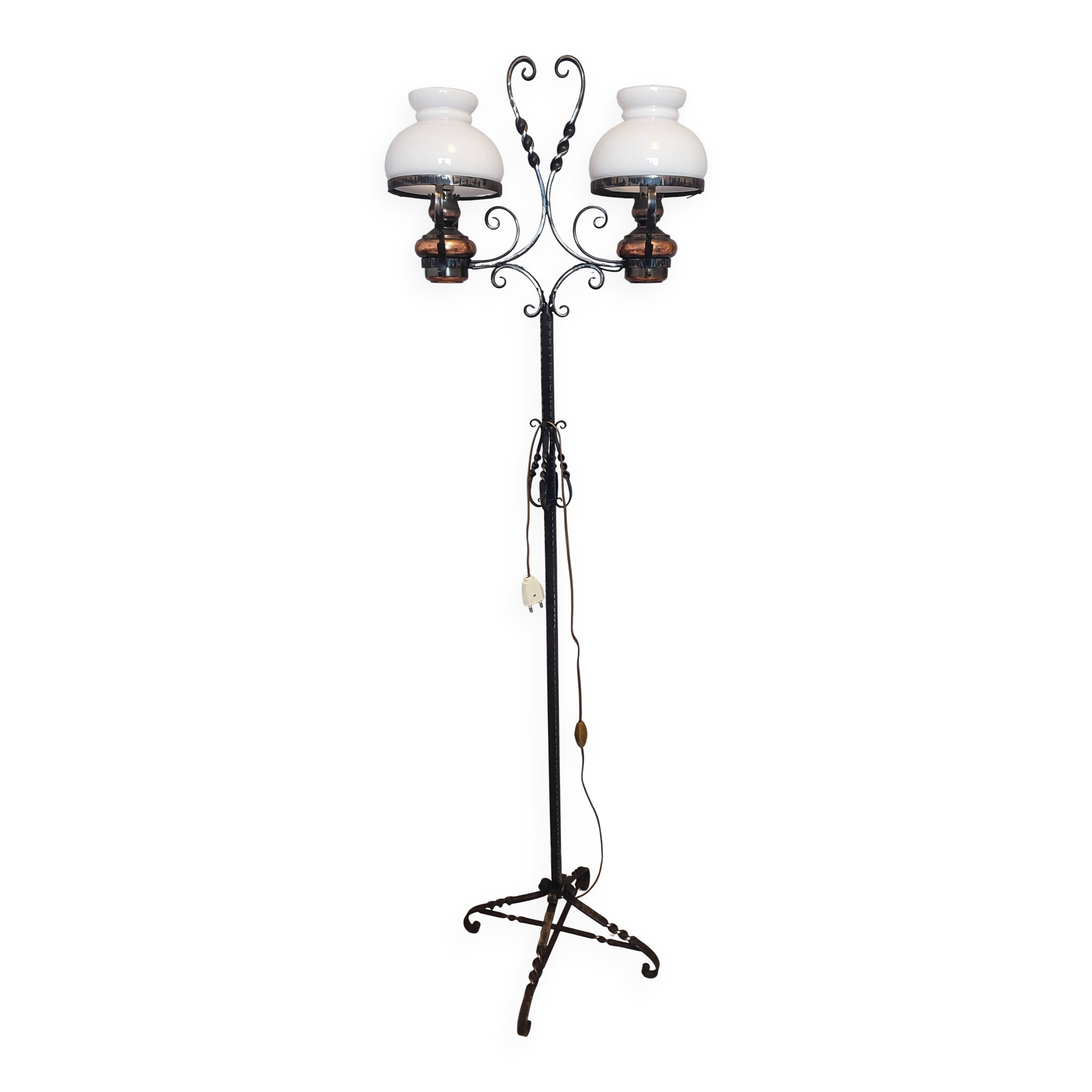 Antique double globe opaline floor lamp, wrought iron, rustic vintage style.