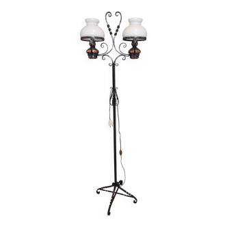 Antique double globe wrought iron floor lamp, rustic vintage style