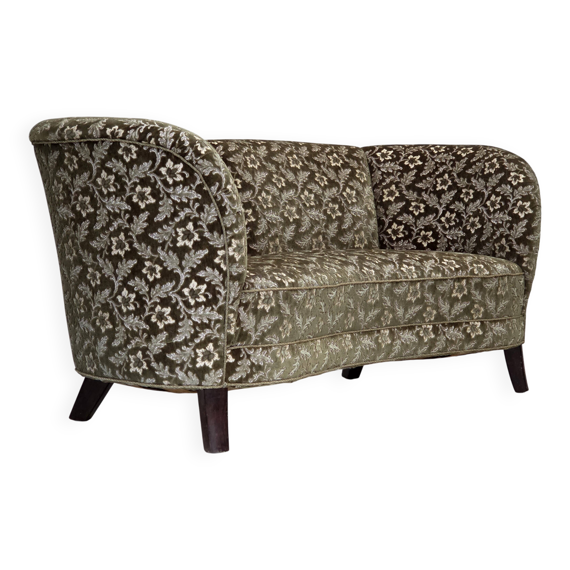 1960s, Danish curved 2-seater sofa, green furniture velour, beech wood.