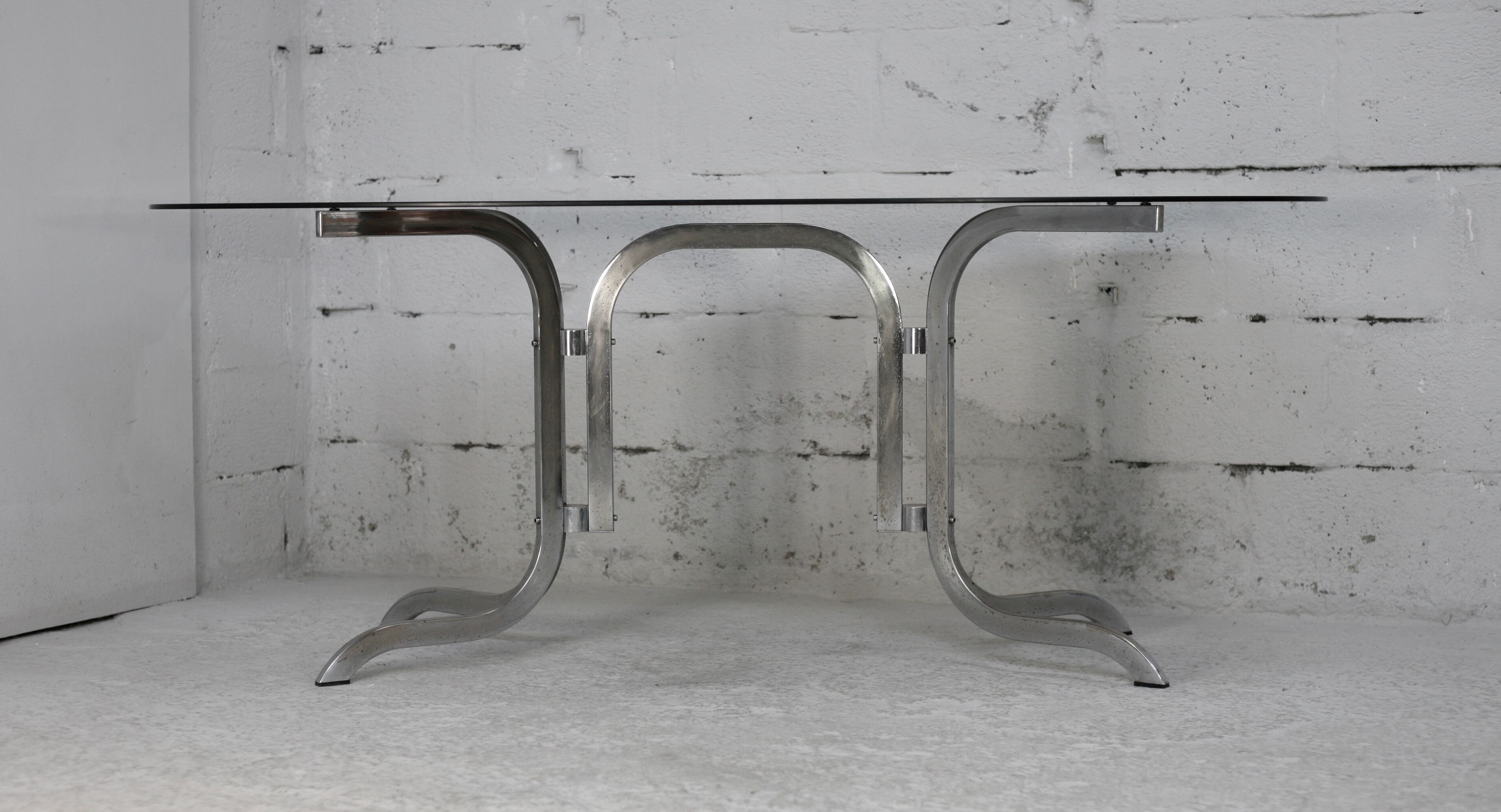 Table chrome steel smoked glass slab. France, circa 1970