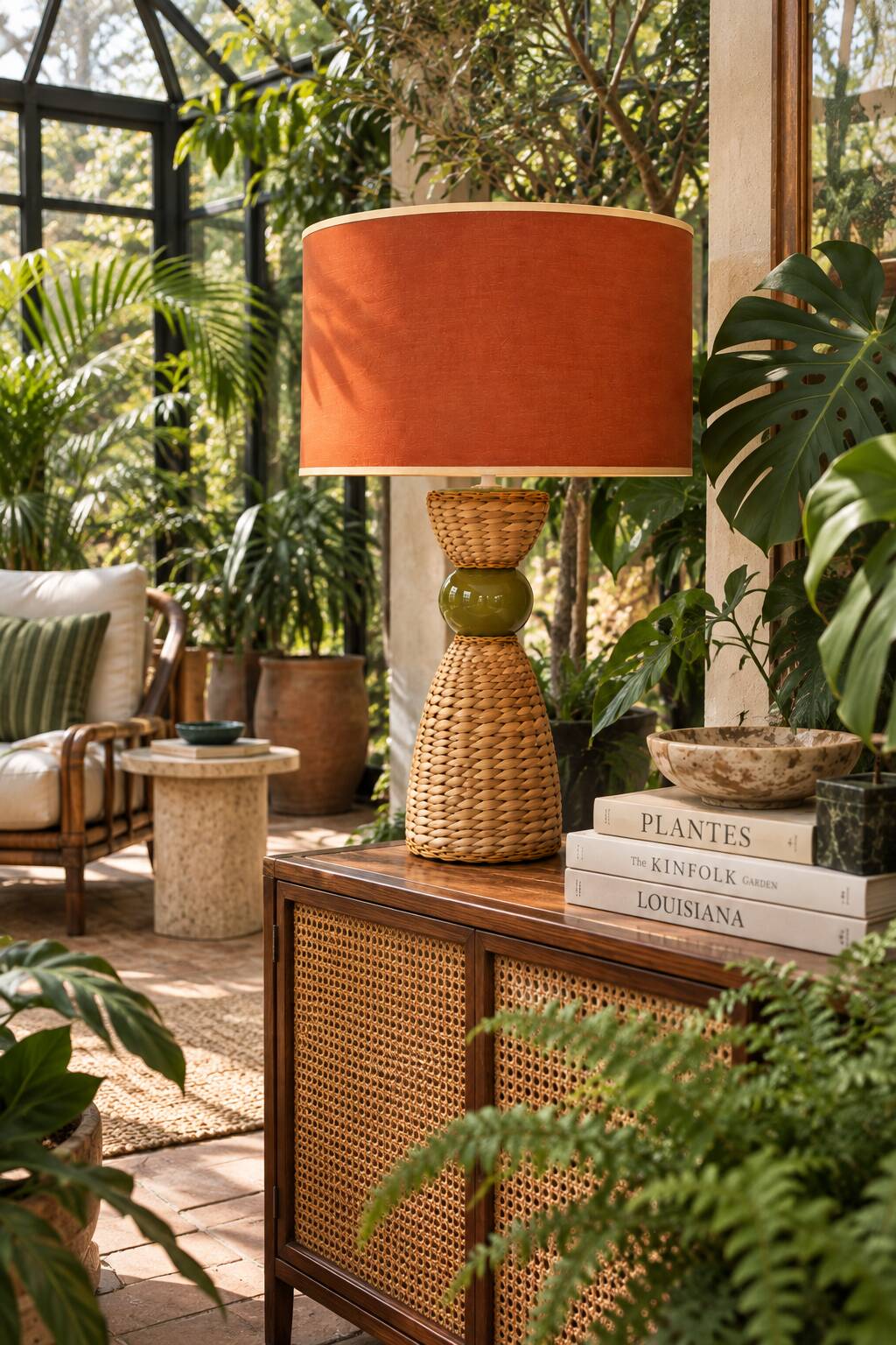 Large vintage sculptural lamp from the 60s/70s – olive green ceramic & very fine fibres.