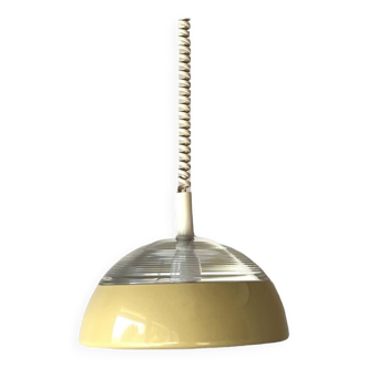 Space-age pendant light in holophane glass and lacquered metal from the 70s.