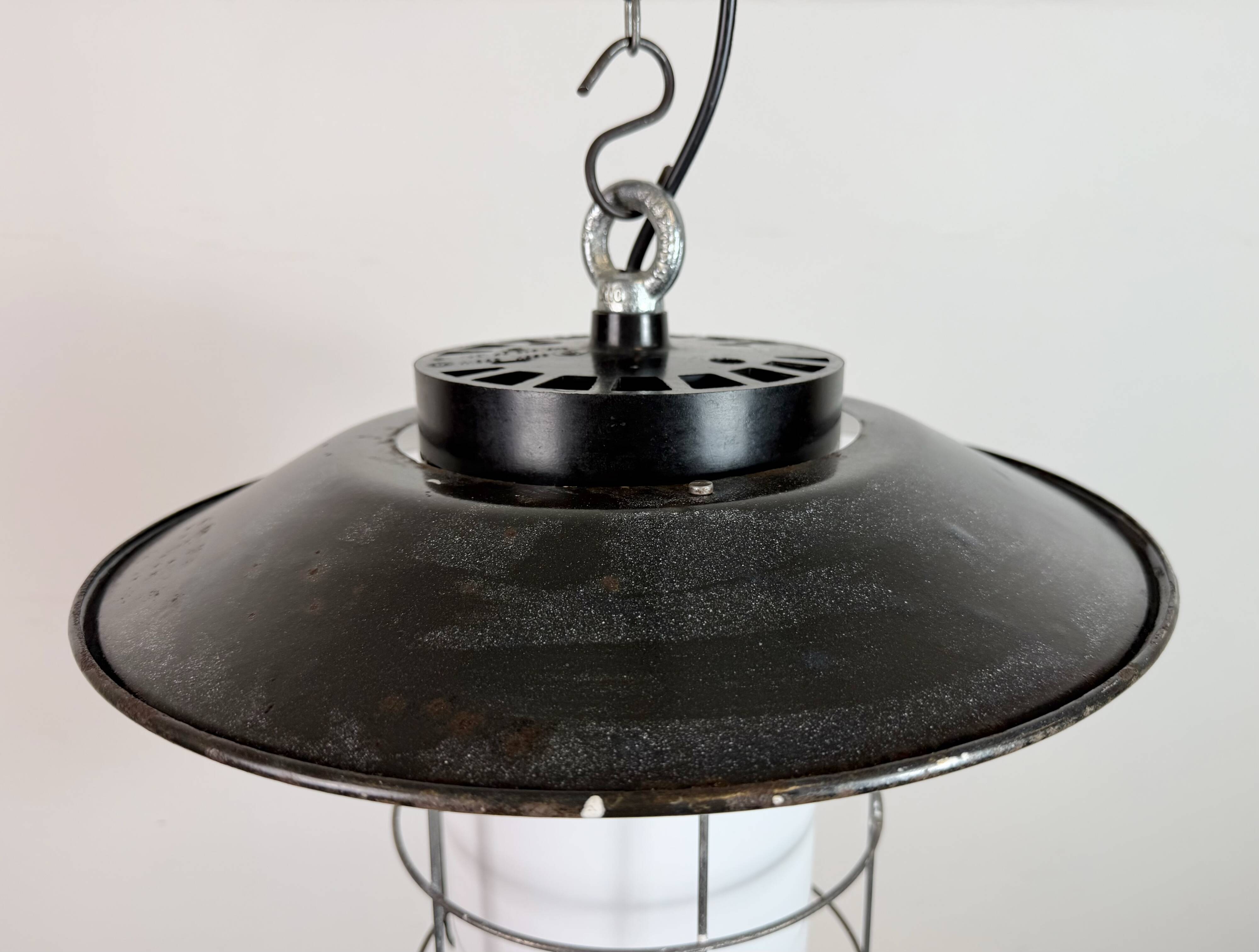 Industrial Grey Enamel Cage Pendant Lamp, 1960s
