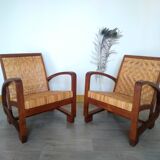 Pair of Art Deco woven rattan armchairs and table