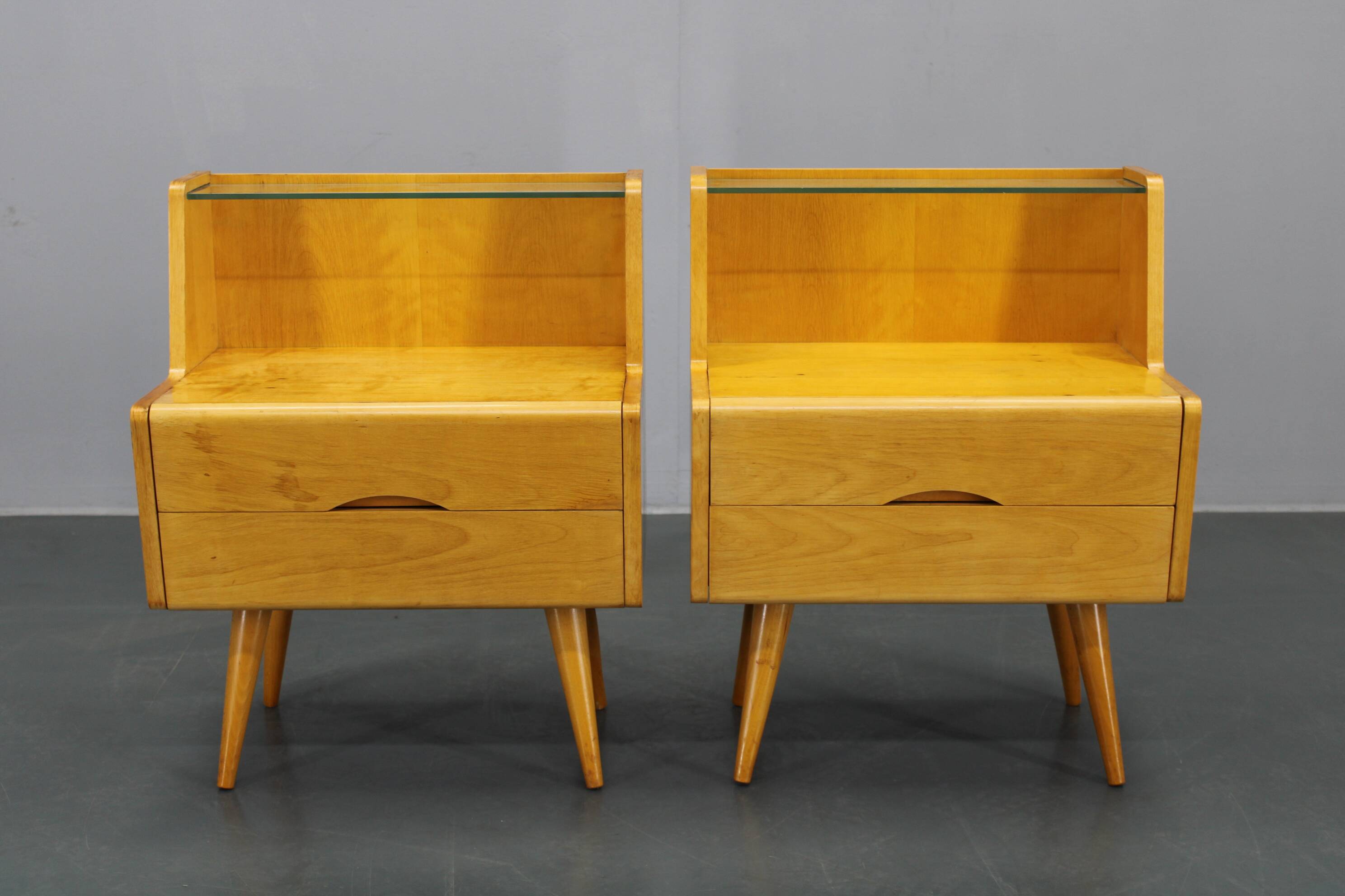 1960s Set of Night Stands and Chest of Drawers with Glass Shelf ,Czechoslov