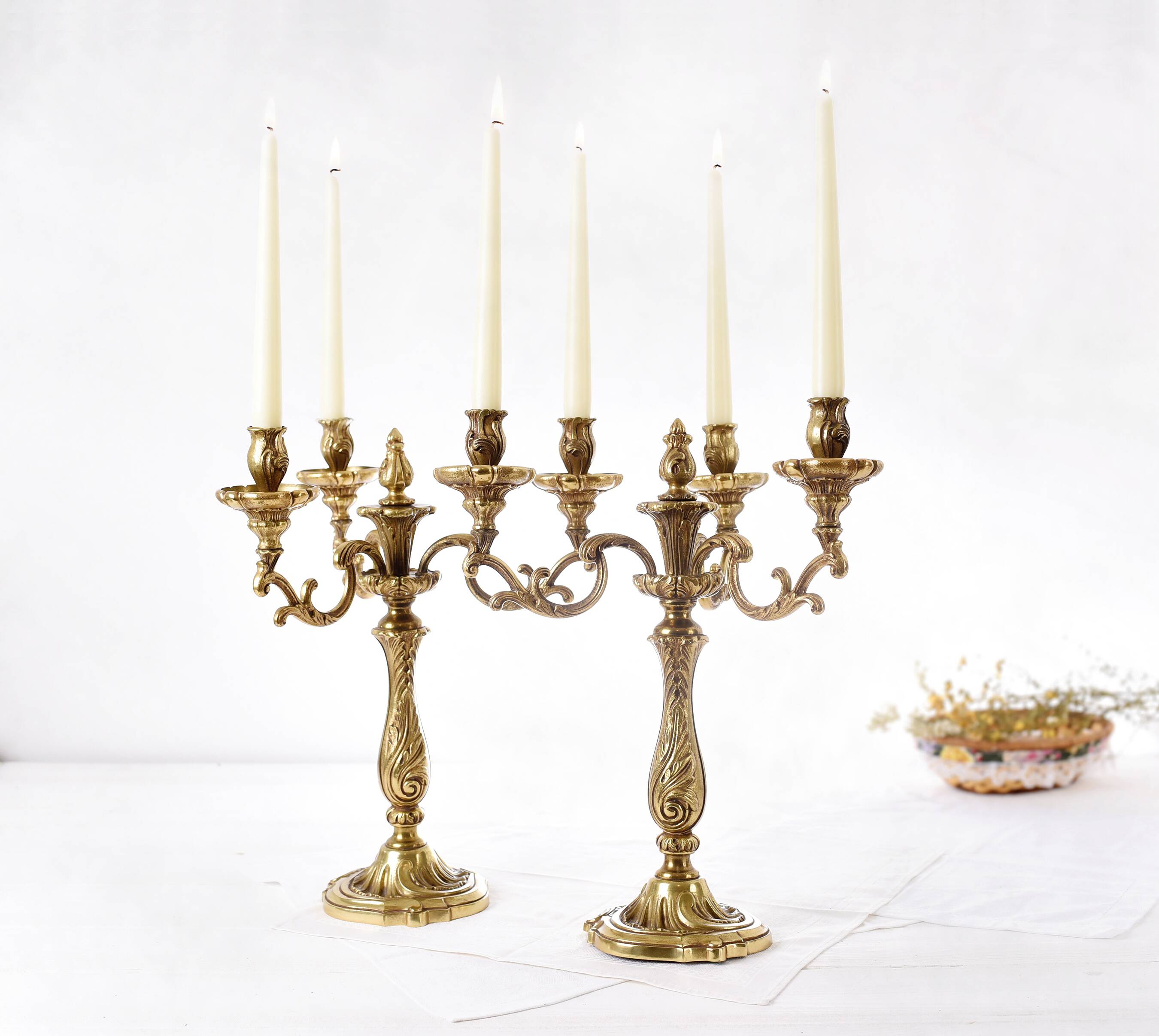 Pair of antique 6-arm bronze candelabras, 19th century