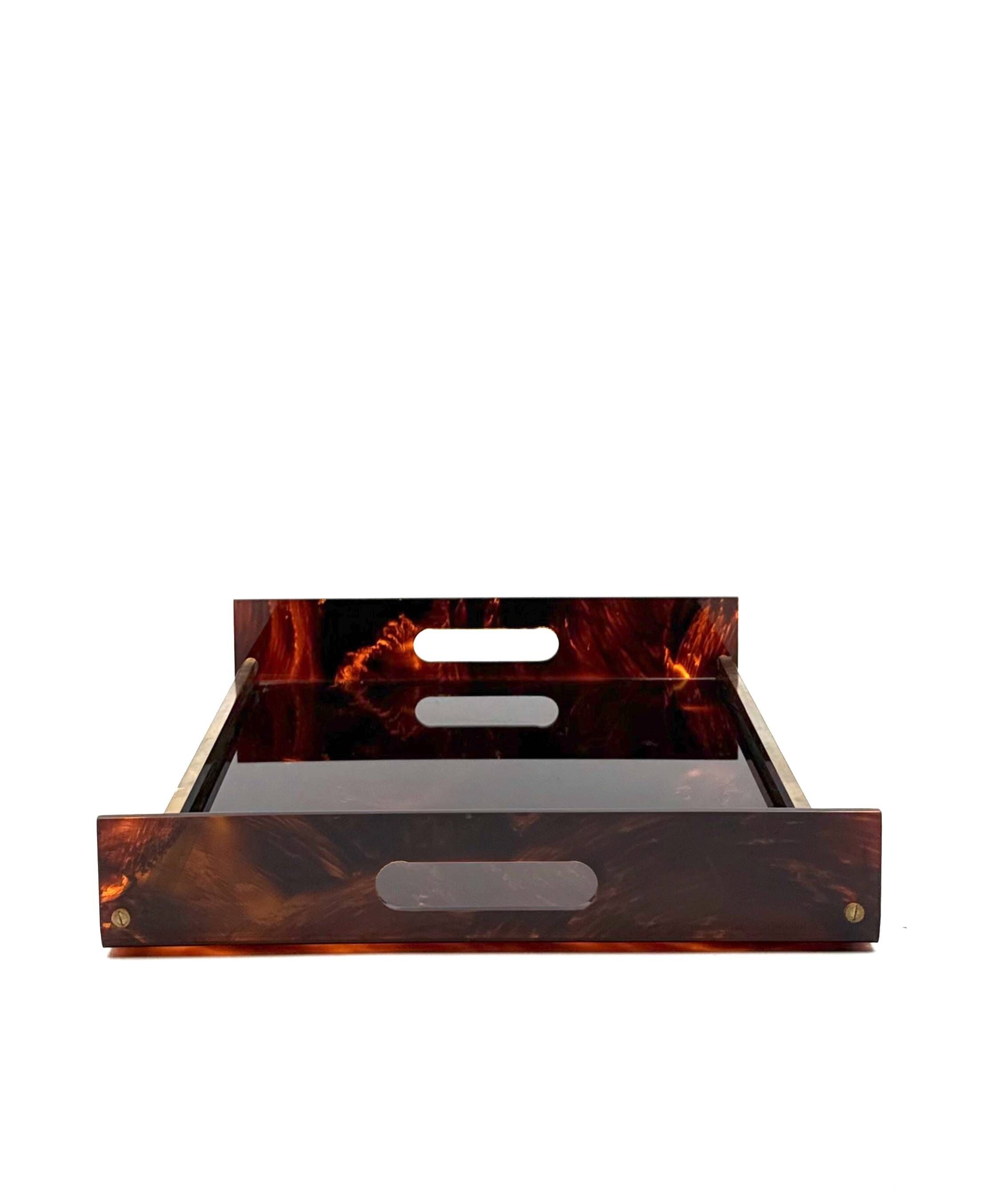 Hollywood regency brass and tortoiseshell lucite tray, Italy 1970s