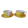 Duo de tasses petit-déjeuner vintage jaune et or. Semi porcelaine, légères. Belle contenance.