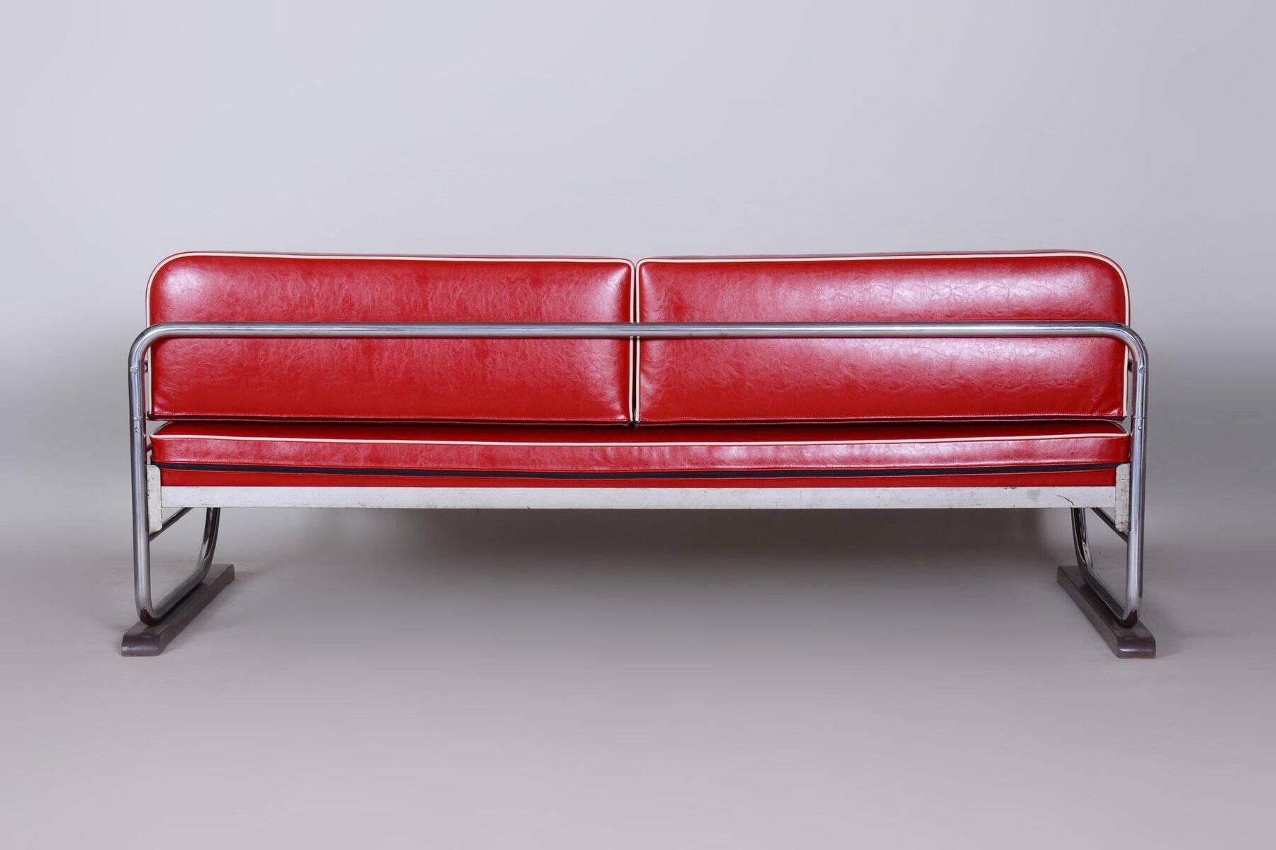 Bauhaus Red Tubular Chromed Steel Sofa by Robert Slezák, 1930s