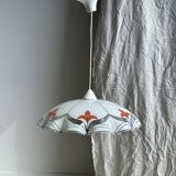 Small vintage chandelier in white and orange glass, geometric patterns D:43
