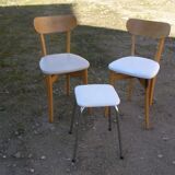 Formica table with 2 extension cords and 2 chairs, 1 stool