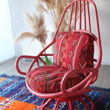 Restored vintage 70s armchair with custom-made Moroccan cushions, pink and red armchair