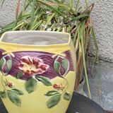 Yellow glazed ceramic slip vase with hawthorn pink flower motif