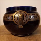 Cache-pot Sarreguemines ancien décor Empire bleu cobalt et or