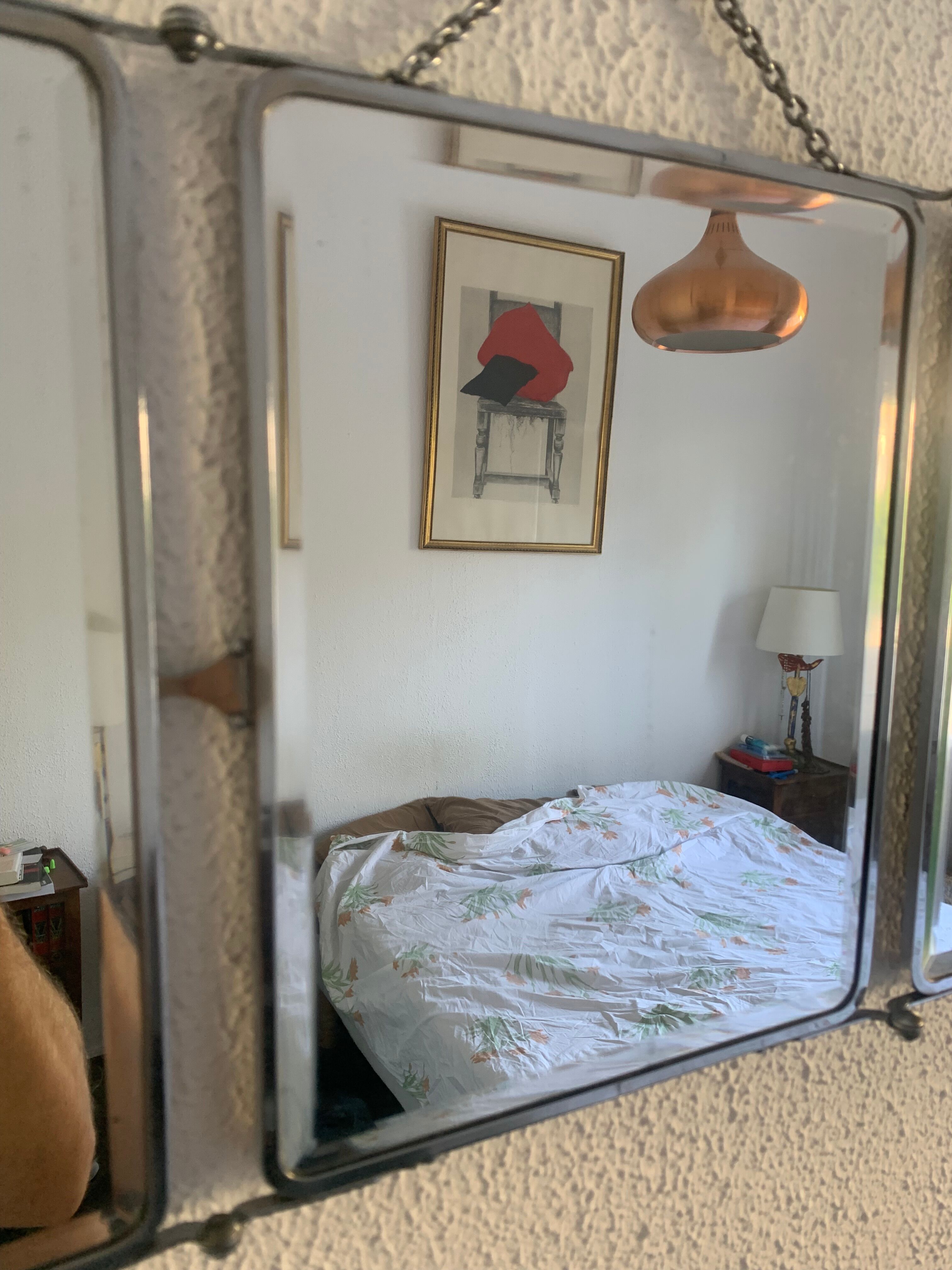 Vintage mirror 1930 triptych beveled barber iron gray - 28 x 69 cm