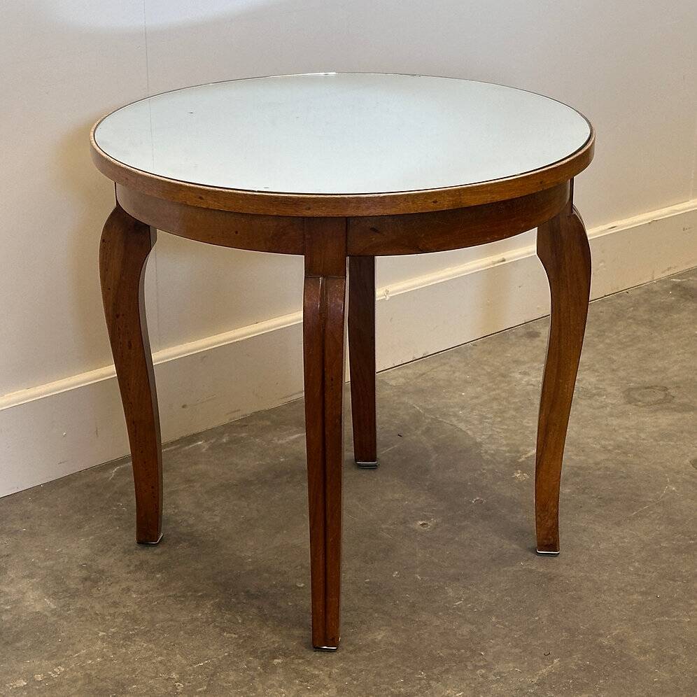 French Art Deco side table, 1930s vintage round wooden table with mirrored top